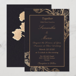 Modern Elegant Gold Faux Metal Floral Wedding 招待状