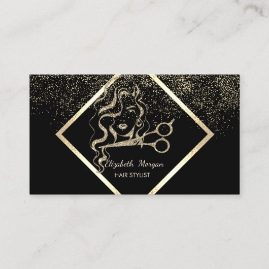 Modern Elegant Gold Frame Confetti,Scissors Hair 名刺 (正面)