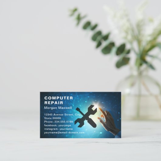 Modern Elegant Grey Blue Circuit Computer Repair  名刺 (スタンド正面)