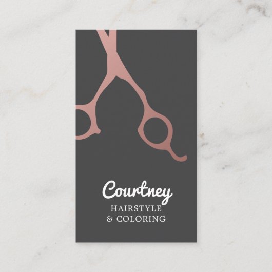Modern Elegant Grey Rose Gold Scissors HairStylist 名刺 (正面)
