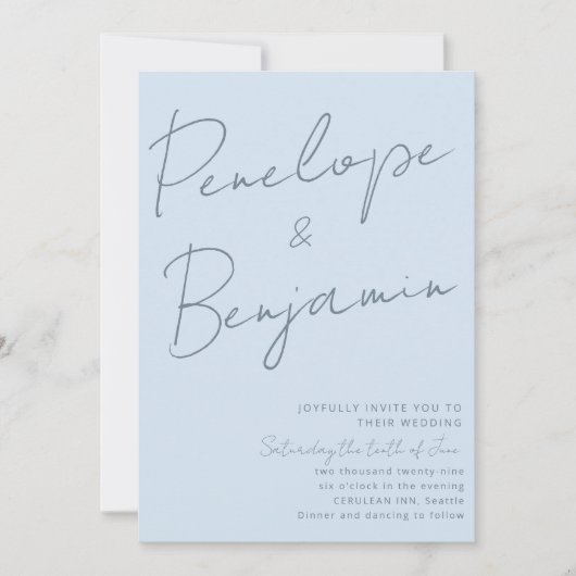 Modern Elegant Handwriting Soft Blue Wedding  招待状 (正面)