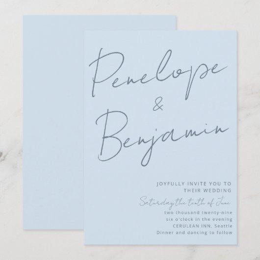 Modern Elegant Handwriting Soft Blue Wedding  招待状 (正面/裏面)