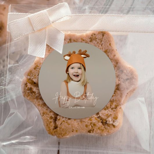 Modern Elegant Happy Birthday Photo Round Sticker ラウンドシール