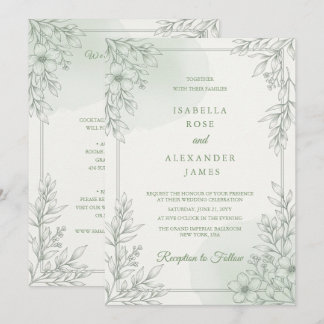 Modern Elegant Line Art Wildflowers Floral Wedding 招待状