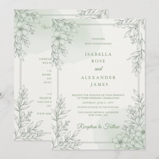 Modern Elegant Line Art Wildflowers Floral Wedding 招待状 (正面/裏面)