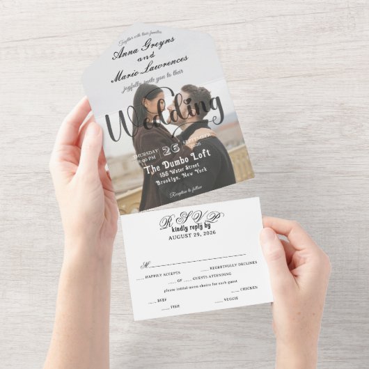 Modern Elegant Monogram Minimalist Photo Wedding オールインワン招待状 (貼ってはがせる)