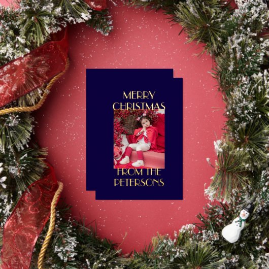 Modern Elegant Navy Merry Christmas Photo Gold 箔シーズンカード (インサイチュ)