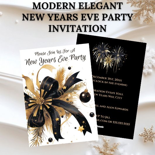 Modern Elegant New Years Eve Party Gold and Black 招待状