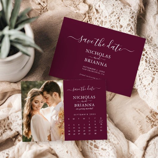 Modern Elegant Photo Calendar Burgundy Wedding セーブザデート
