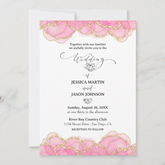 Modern Elegant Pink and Gold Script Wedding 招待状 (正面)
