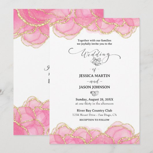 Modern Elegant Pink and Gold Script Wedding  招待状 (正面/裏面)