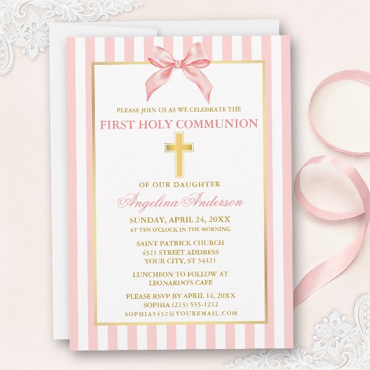 Modern Elegant Pink Blush Striped Communion 招待状