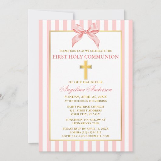 Modern Elegant Pink Blush Striped Communion 招待状 (正面)