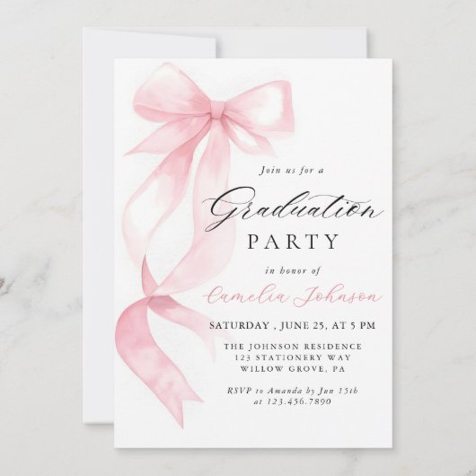 Modern Elegant Pink Bow Arch Photo Graduation 招待状 (裏面)