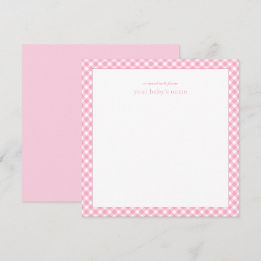 Modern Elegant Pink Gingham Baby Nursery Note Card ノートカード (正面/裏面)