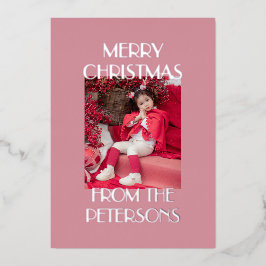 Modern Elegant Pink Merry Christmas Photo Silver 箔シーズンカード