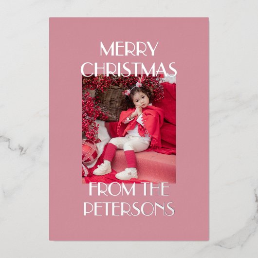 Modern Elegant Pink Merry Christmas Photo Silver 箔シーズンカード (正面)