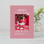Modern Elegant Pink Merry Christmas Photo Silver 箔シーズンカード (立ち正面)