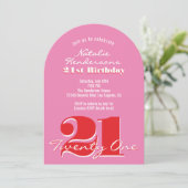 Modern Elegant Pink Red 21st Birthday Arch 招待状 (スタンド正面)