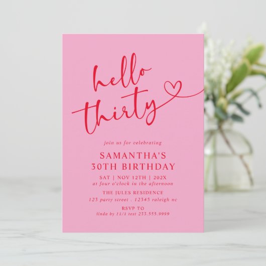 Modern Elegant Pink Red Hello 30th Birthday Party 招待状 (スタンド正面)