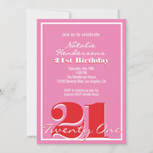 Modern Elegant Pink Red Retro 21st Birthday  招待状 (正面)