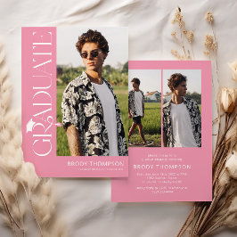 Modern Elegant Pink & White 3 Photo Graduation 招待状