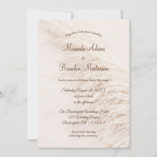 Modern Elegant QR Code Pampas Grass Boho Wedding 招待状 (正面)