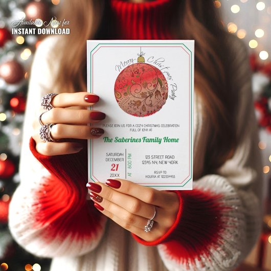 Modern Elegant Red Christmas Doodle Ornament  招待状