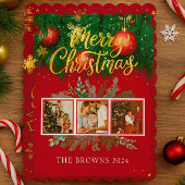 Modern Elegant Red Gold Christmas Family Photo シーズンカード