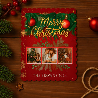 Modern Elegant Red Gold Christmas Family Photo シーズンカード