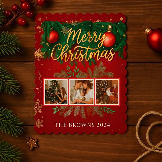Modern Elegant Red Gold Christmas Family Photo シーズンカード