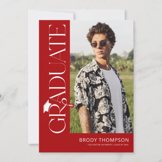 Modern Elegant Red & White 3 Photo Graduation 招待状 (正面)