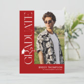 Modern Elegant Red & White 3 Photo Graduation 招待状 (スタンド正面)
