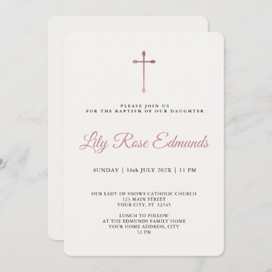 Modern Elegant Rose Gold & Blk Baptism  招待状 (正面/裏面)