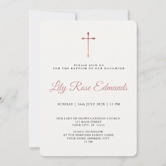 Modern Elegant Rose Gold & Blk Baptism  招待状 (正面)