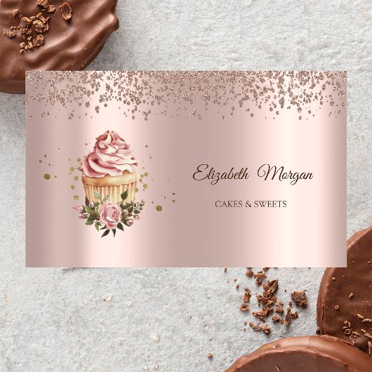 Modern Elegant Rose Gold Diamonds Floral Cupcake 名刺