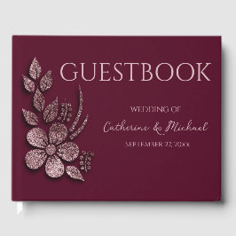 Modern Elegant Rose Gold Glitter Floral & Burgundy ゲストブック
