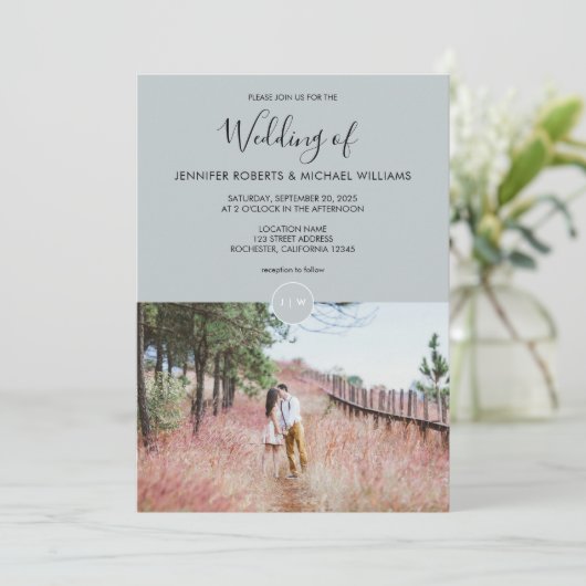 Modern elegant rustic monogram photo Wedding 招待状 (スタンド正面)