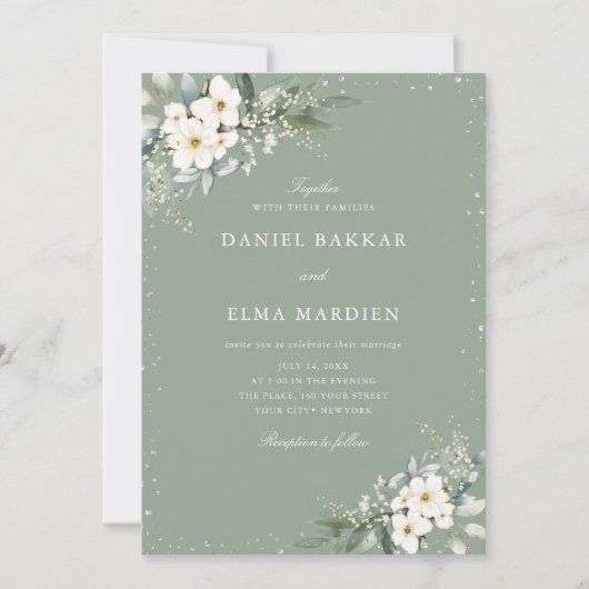 Modern Elegant Sage Green Boho Floral Wedding  招待状 (正面)