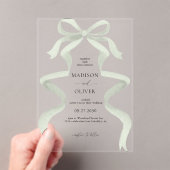 Modern Elegant Sage Green Bow Monogram Wedding アクリル招待状 (インサイチュ (ポータブル))