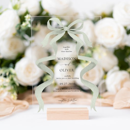 Modern Elegant Sage Green Bow Monogram Wedding アクリル招待状