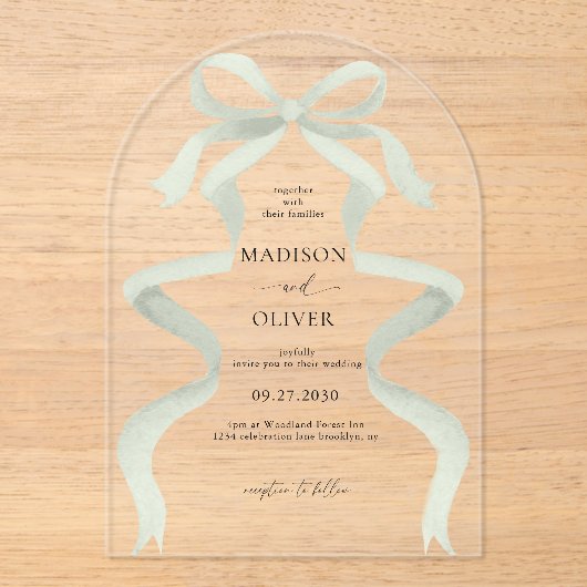 Modern Elegant Sage Green Bow Wedding Arch アクリル招待状 (正面)