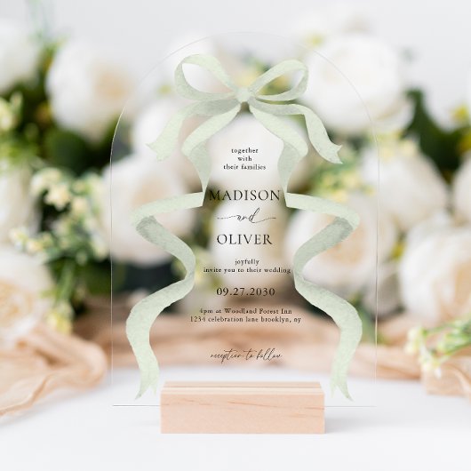 Modern Elegant Sage Green Bow Wedding Arch アクリル招待状