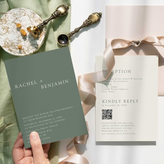 Modern Elegant Sage Green Wedding QR Code RSVP 招待状