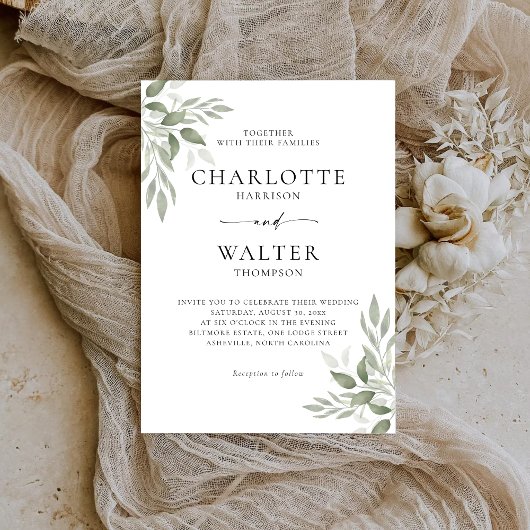 Modern Elegant Sage Leaves Wedding Invitation  セーブザデート