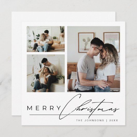 Modern Elegant Script 3 Photo Collage Christmas シーズンカード (正面/裏面)