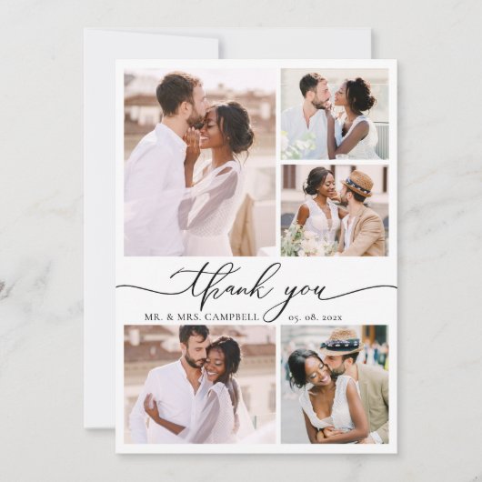 Modern Elegant Script 6 Photo Collage Wedding  サンキューカード (正面)