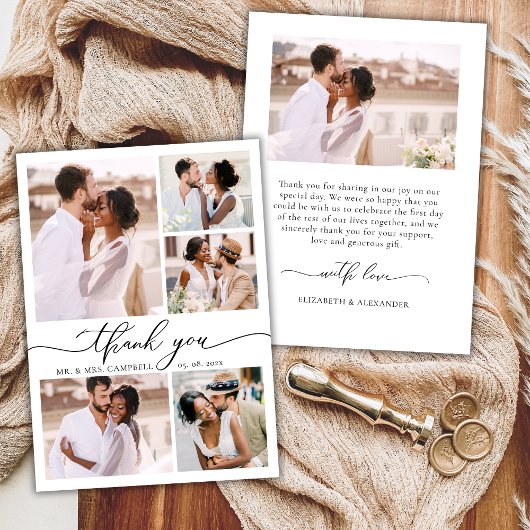 Modern Elegant Script 6 Photo Collage Wedding  サンキューカード