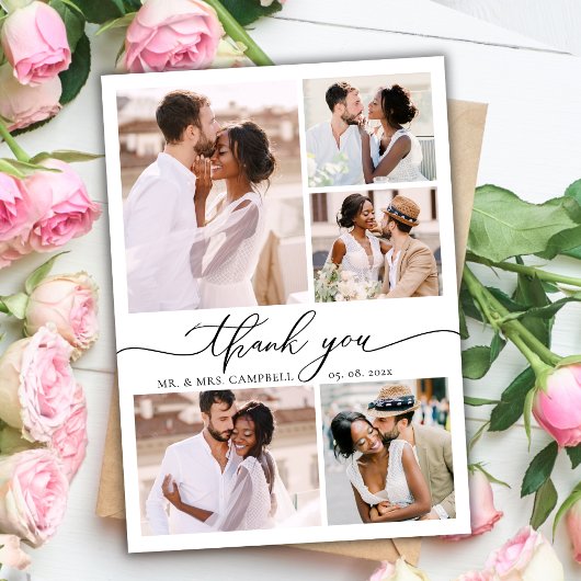 Modern Elegant Script 6 Photo Collage Wedding  サンキューカード