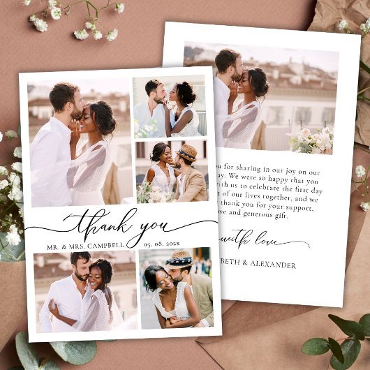 Modern Elegant Script 6 Photo Collage Wedding サンキューカード